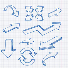 Blue arrows. Hand drawn sketch on lined paper background. Grunge style