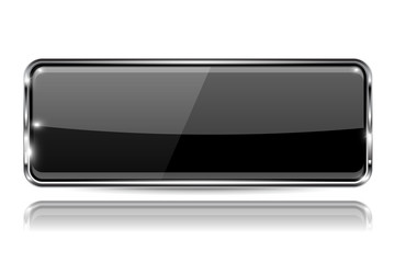 Black glass 3d button with metal frame. Rectangle shape. With reflection on white background