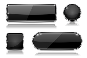 Black glass buttons with chrome frame. Set of blank shiny 3d web icons