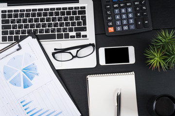 Business accessories on a background of diagrams. Copy space for text
