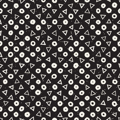 Hand drawn black and white ink abstract seamless pattern. Vector stylish grunge texture. Monochrome geometric scattered shapes