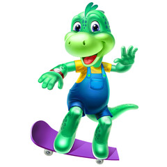 dinosaur on skateboard, isolated on white