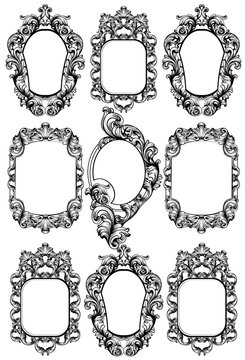 Baroque Mirror Frame. Vector Imperial Decor Design Elements. Rich Encarved Ornaments Line Arts