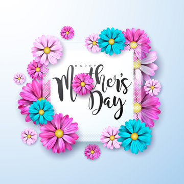 Happy Mothers Day Greeting card with flower on light blue background. Vector Celebration Illustration template with typographic design for banner, flyer, invitation, brochure, poster.