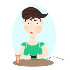 Gamer boy character design in actions. Holds joystick in hand. Gamer logo, positive vector illustration.