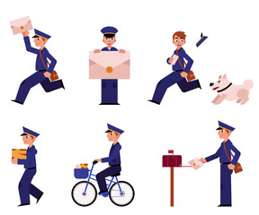 Cartoon postman cheerful character set. Delivery service worker, mailman standing running bicycling smiling holding letter. Man in professional blue uniform peaked cap.. Vector illustration