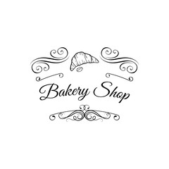 Croissant label. Baker Badge. Bakery Label. Decorated With filigree Curls, Curls  Illustration. Isolated On White