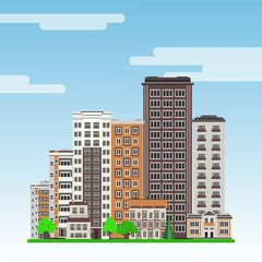 City line with multistorey apartment houses and office buildings with windows and balconies, green trees and lawn on blue sky background in flat style. Colorful cityscape. Vector illustration.