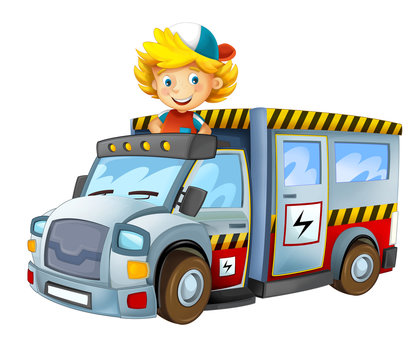 cartoon scene with child - boy in toy vehicle electricity car on white background - illustration for children 
