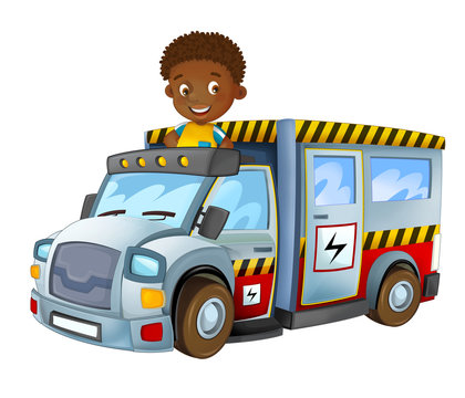 cartoon scene with child - boy in toy vehicle electricity car on white background - illustration for children 