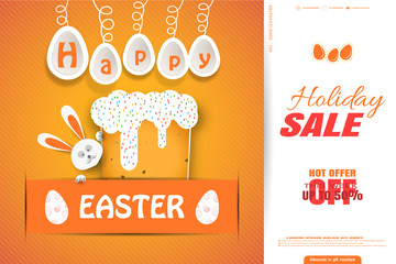 Vector wide promotional poster for Happy Easter with hanging paper eggs, stripe, cake, shadow, peeping rabbit, line pattern and text on the yellow gradient background.