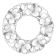 Tropical flowers in sketch line floral composition in form of circle isolated on white background. Vector illustration of hand drawn natural element with exotic blooms of magnolia and hibiscus.