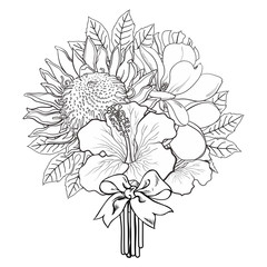 Tropical flowers and palm leaves in bouquet with bow in sketch style isolated on white background. Hand drawn line exotic blooms of hibiscus, protea, magnolia and plumeria. Vector illustration.