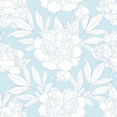 Peony seamless pattern in white and blue colors. Tender hand drawn floral background with blossoms and leaves. Romantic vintage backdrop with gentle flowers. Vector illustration.
