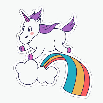 Cute magical unicorn and rainbow. Vector design isolated on white background. Print for t-shirt or sticker. Hand drawing illustration for children.