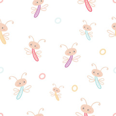 Seamless pattern of multicolored cartoon dragonflies