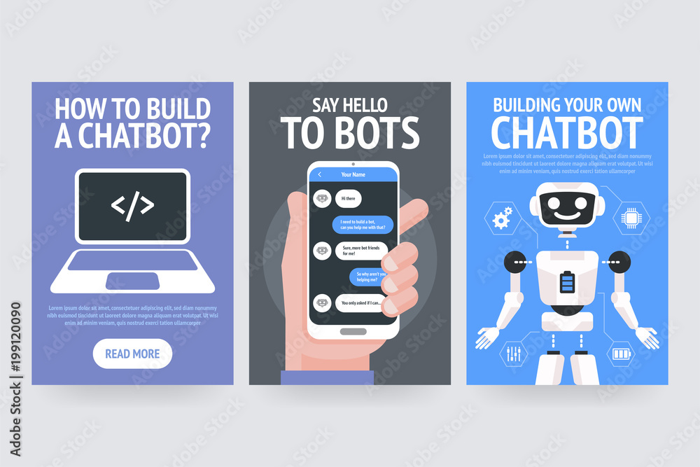Poster building your own chatbot. say hello to bots. how to build a chatbot? vector posters