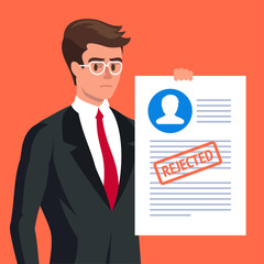 Claim form. Sad man and rejected application form
