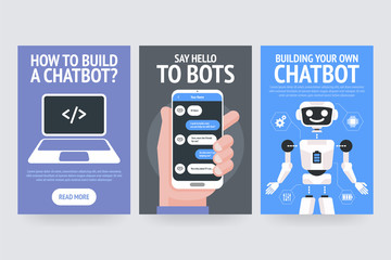 Building your Own chatbot. Say hello to bots. How to build a chatbot? Vector posters