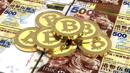 Stack of bitcoins with Hong Kong dollar bills. 3D illustration.