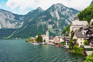 Hallstatt, Austria. Picturesque landscape view of mountain village in the Austrian Alps