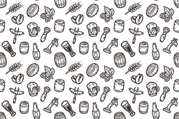 Hand drawn seamless pattern with beer stuff.