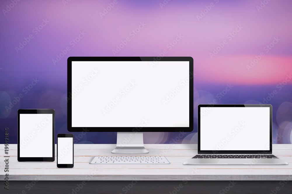 Poster responsive web design mockup. devices with isolated screen on white wooden desk. purple background.
