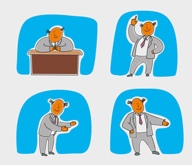 A cheerful office character painted with vector graphics. Explains, shows, sits at the table
