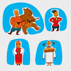 Funny characters in national Russian costumes. A guy with a balalaika and a funny bear, Russian beauties