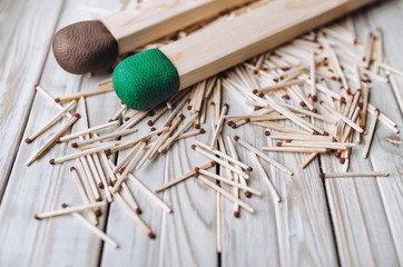 Big matches on a wooden background. Concept. Copy space.
