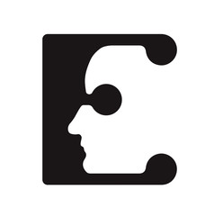 E e Logo logotype - English font upper case letter - human faces of cyborg robots, for computer theme, science etc, retro style.