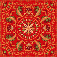 National ornament. Russian Boretskaya painting. Decorative birds on a red background. Vector