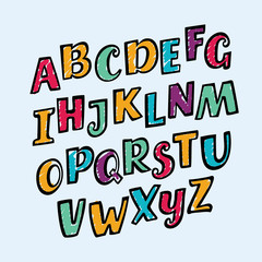 Vector colorful Children inclined Alphabet letters, Numbers and Punctuation Symbols. Funny Font contains Graphic style