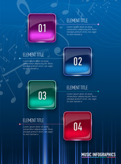 Infographics. Music concept. Realistic glass banners. Vector illustration