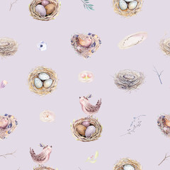 Watercolor spring rustic pattern with nest, birds, branch,tree twigs and feather. Watercolour seamless hand drawn bird background. Vintage, boho illustration