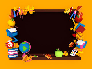 Fototapeta premium 3D rendering, school brown board and school subjects on a yellow background. 3d modeling