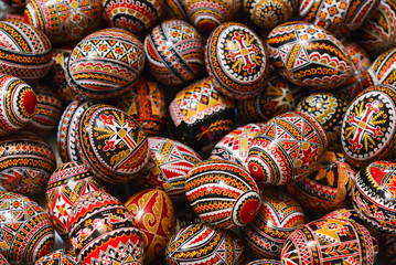 Fototapeta na wymiar Traditional painted eggs at the Ciocanesti fair, for the orthodox Easter in the region of Bucovina, Romania
