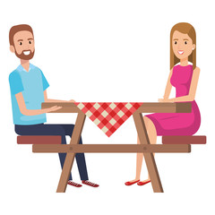picnic table with couple characters vector illustration design