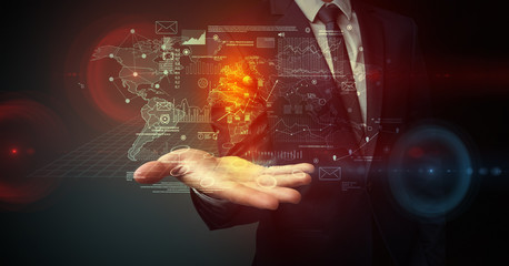 Communicational concept with businessman body and hand in background
