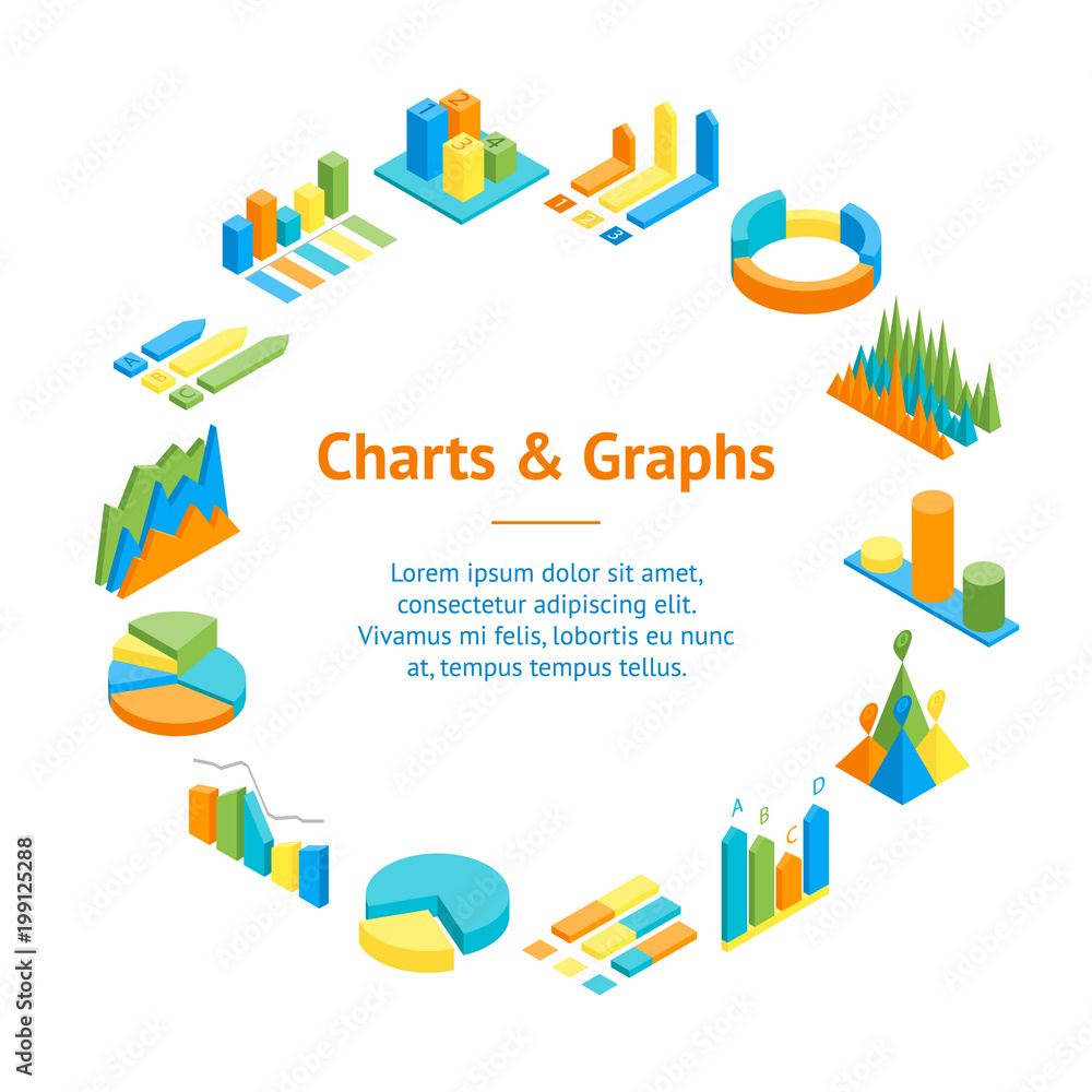 Poster charts and graphs banner card circle 3d isometric view. vector