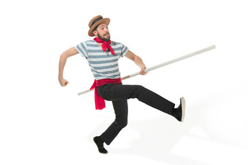 Caucasian man in traditional gondolier costume and hat