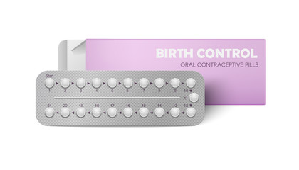Realistic vector female oral contraceptive pills blister with clipping path and opened packing on white background. Women contraceptive hormonal birth control pills. Planning pregnancy concept.