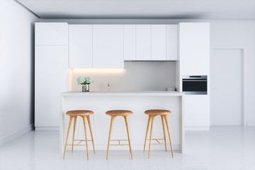 White kitchen in new interior 3d render