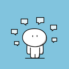 Cute funny man and lots of messages or chat symbols. Information, mass media, communication and discussion cartoon vector illustration.