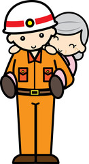 災害救助隊員とおんぶされるおばあちゃん