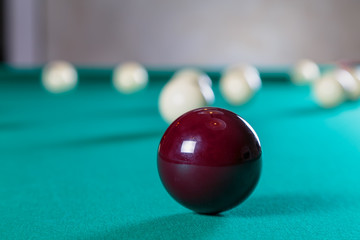 balls for Russian Billiards on a billiard table with a green cloth scored in the pocket billiard balls