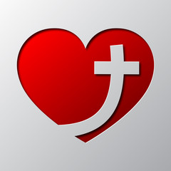 Obraz premium Paper art of the red heart with christian cross. Vector illustration.