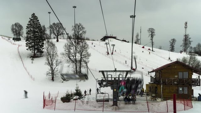 panoramic view of the slopes of the ski resort, time lapse