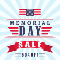 Fototapeta na wymiar Vector Memorial Day sale background with stars, ribbon and lettering. Template for Memorial Day.