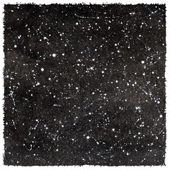 Black and white hand drawn watercolor night sky with stars. Monochrome watercolour cosmic, cosmos background, galaxy, universe. Splash texture. Rough, artistic edges. Aquarelle square template.